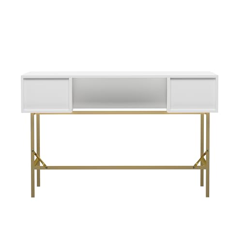 HYGRAD BUILT TO SURVIVE 121cm Wide Free Standing White Wooden Fluted Chic Writing Study Computer Desk Vanity Console Dressing Table 3 Drawers With Gold Metal Frame HYGRAD BUILT TO SURVIVE