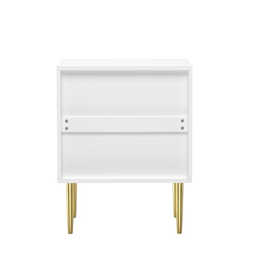 HYGRAD BUILT TO SURVIVE White Wooden 2 Drawer Chic Fluted Bedside End Sofa Table Nightstand For Living Bedroom Home With 4 Golden Legs HYGRAD BUILT TO SURVIVE