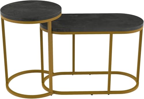 HYGRAD BUILT TO SURVIVE Set of 2 Marble/Metal Round Oval Nesting Side End Coffee Table White/Gold, White/Black, Black/Black & Black/Gold For Home Living Bed Room (Black/Gold) HYGRAD BUILT TO SURVIVE