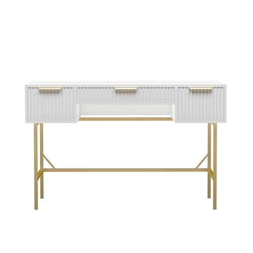 HYGRAD BUILT TO SURVIVE 121cm Wide Free Standing White Wooden Fluted Chic Writing Study Computer Desk Vanity Console Dressing Table 3 Drawers With Gold Metal Frame HYGRAD BUILT TO SURVIVE