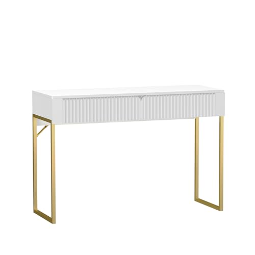 Free Standing White Elegant Fluted Wooden Computer Study Writing Desk Vanity Console Beauty Table With Golden Legs HYGRAD BUILT TO SURVIVE