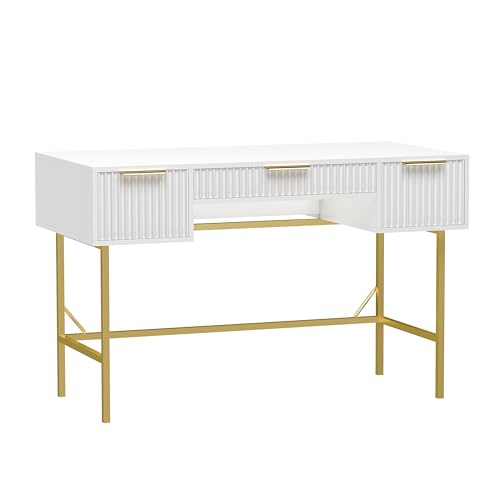 HYGRAD BUILT TO SURVIVE 121cm Wide Free Standing White Wooden Fluted Chic Writing Study Computer Desk Vanity Console Dressing Table 3 Drawers With Gold Metal Frame HYGRAD BUILT TO SURVIVE