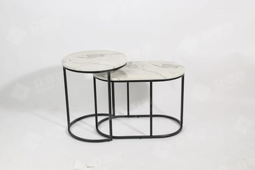 HYGRAD BUILT TO SURVIVE Set of 2 Marble/Metal Round Oval Nesting Side End Coffee Table White/Gold, White/Black, Black/Black & Black/Gold For Home Living Bed Room (White/Black) HYGRAD BUILT TO SURVIVE