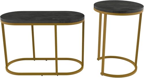 HYGRAD BUILT TO SURVIVE Set of 2 Marble/Metal Round Oval Nesting Side End Coffee Table White/Gold, White/Black, Black/Black & Black/Gold For Home Living Bed Room (Black/Gold) HYGRAD BUILT TO SURVIVE