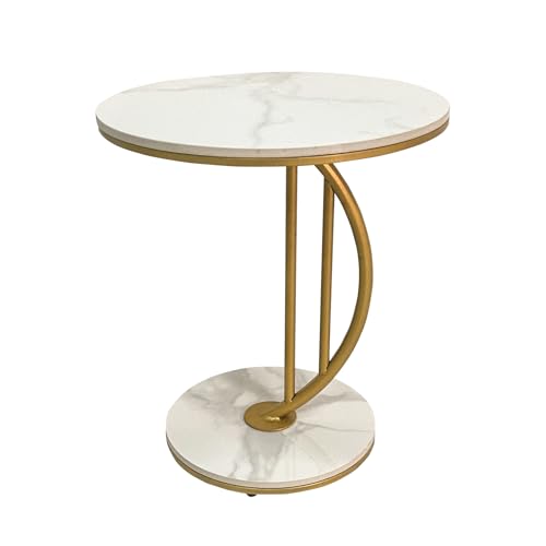 HYGRAD BUILT TO SURVIVE C Shaped Half Moon Round Sintered Stone Slab/Metal End Coffee Sofa Bed Side Centre Table With Metal Legs (White/Gold) HYGRAD BUILT TO SURVIVE