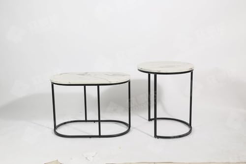HYGRAD BUILT TO SURVIVE Set of 2 Marble/Metal Round Oval Nesting Side End Coffee Table White/Gold, White/Black, Black/Black & Black/Gold For Home Living Bed Room (White/Black) HYGRAD BUILT TO SURVIVE