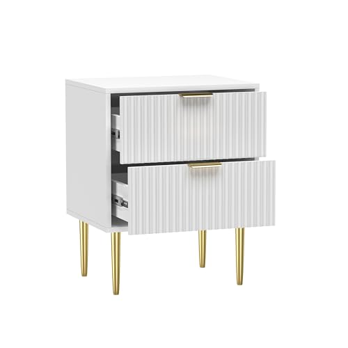 HYGRAD BUILT TO SURVIVE White Wooden 2 Drawer Chic Fluted Bedside End Sofa Table Nightstand For Living Bedroom Home With 4 Golden Legs HYGRAD BUILT TO SURVIVE