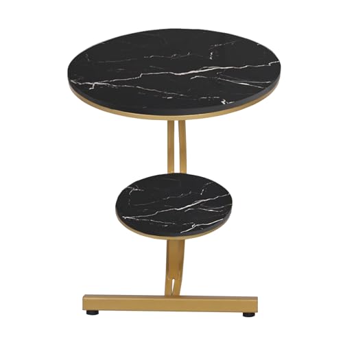 HYGRAD BUILT TO SURVIVE 2 Tier C Shaped Round Sintered Stone/Metal End Coffee Sofa Side Centre Table (Black/Gold) HYGRAD BUILT TO SURVIVE