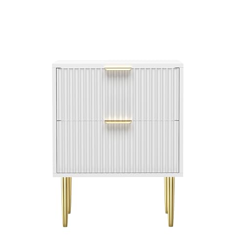 HYGRAD BUILT TO SURVIVE White Wooden 2 Drawer Chic Fluted Bedside End Sofa Table Nightstand For Living Bedroom Home With 4 Golden Legs HYGRAD BUILT TO SURVIVE