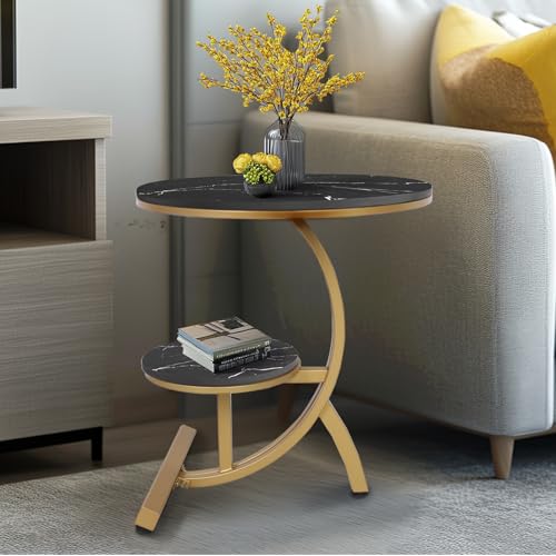 HYGRAD BUILT TO SURVIVE 2 Tier C Shaped Round Sintered Stone/Metal End Coffee Sofa Side Centre Table (Black/Gold) HYGRAD BUILT TO SURVIVE