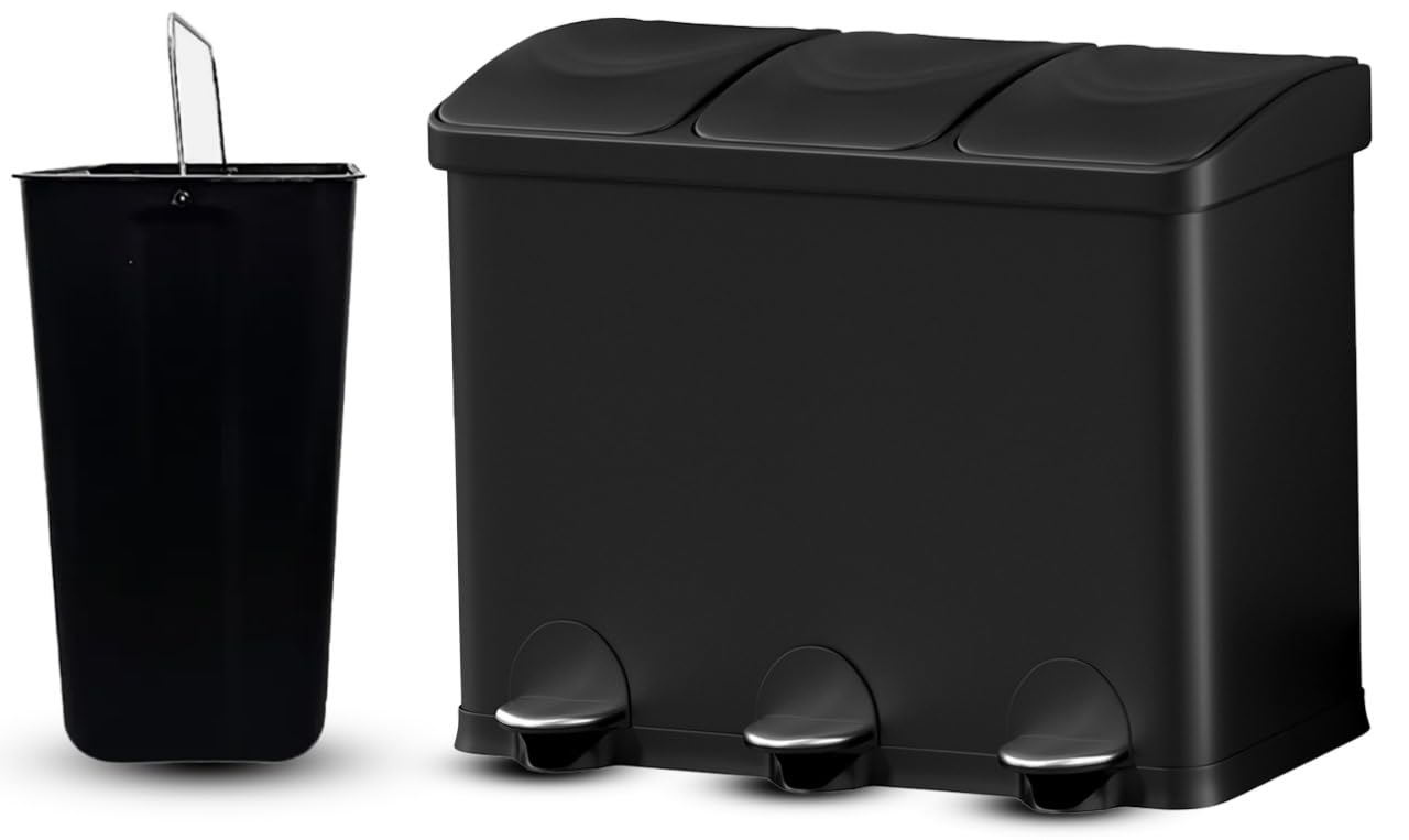 HYGRAD BUILT TO SURVIVE 3 Compartment Portable Floor Standing Metal/Plastic Pedal Recycle Trash Waste Bin Can In 45L 60L & 3 Colours With Stickers & Bin Liners (Black, 45L) HYGRAD BUILT TO SURVIVE