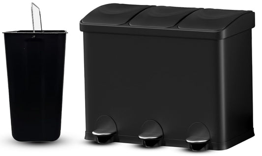 HYGRAD BUILT TO SURVIVE 3 Compartment Portable Floor Standing Metal/Plastic Pedal Recycle Trash Waste Bin Can In 45L 60L & 3 Colours With Stickers & Bin Liners (Black, 45L) HYGRAD BUILT TO SURVIVE