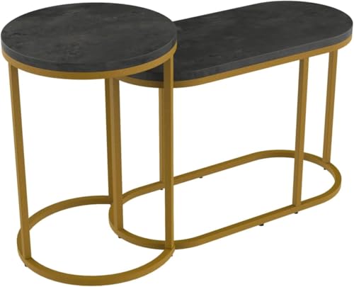 HYGRAD BUILT TO SURVIVE Set of 2 Marble/Metal Round Oval Nesting Side End Coffee Table White/Gold, White/Black, Black/Black & Black/Gold For Home Living Bed Room (Black/Gold) HYGRAD BUILT TO SURVIVE