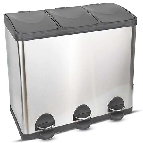 HYGRAD BUILT TO SURVIVE 3 Compartment Portable Floor Standing Metal/Plastic Pedal Recycle Trash Waste Bin Can In 45L 60L & 3 Colours With Stickers & Bin Liners (Silver, 45L) HYGRAD BUILT TO SURVIVE