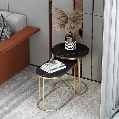 HYGRAD BUILT TO SURVIVE Set of 2 Marble/Metal Round Oval Nesting Side End Coffee Table White/Gold, White/Black, Black/Black & Black/Gold For Home Living Bed Room (Black/Gold) HYGRAD BUILT TO SURVIVE