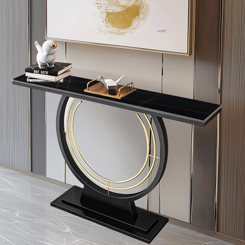 HYGRAD BUILT TO SURVIVE 120cm Wide Free Standing Narrow Slim Marble Effect Sintered Stone Metal Half Moon Base Console Sofa End Table Hallway Furniture (Black/Black) HYGRAD BUILT TO SURVIVE