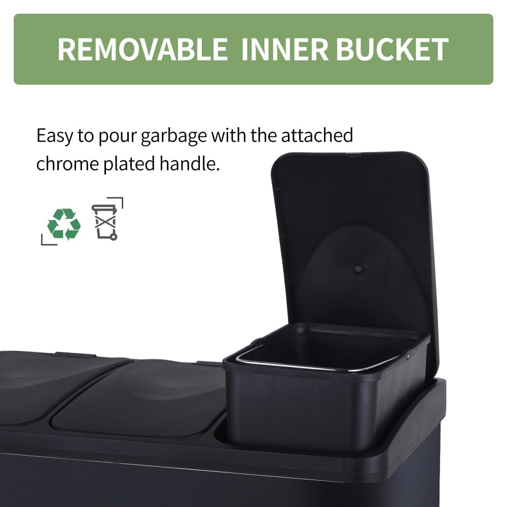 HYGRAD BUILT TO SURVIVE 3 Compartment Portable Floor Standing Metal/Plastic Pedal Recycle Trash Waste Bin Can In 45L 60L & 3 Colours With Stickers & Bin Liners (Black, 45L) HYGRAD BUILT TO SURVIVE