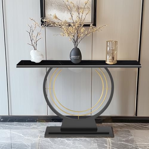 HYGRAD BUILT TO SURVIVE 120cm Wide Free Standing Narrow Slim Marble Effect Sintered Stone Metal Half Moon Base Console Sofa End Table Hallway Furniture (Black/Black) HYGRAD BUILT TO SURVIVE