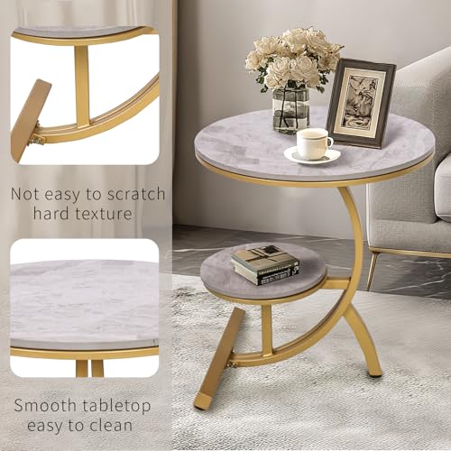 HYGRAD BUILT TO SURVIVE 2 Tier C Shaped Round Sintered Stone/Metal End Coffee Sofa Side Centre Table (Grey/Gold) HYGRAD BUILT TO SURVIVE