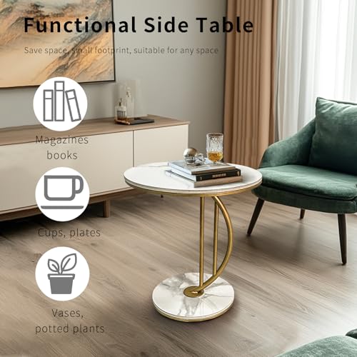 HYGRAD BUILT TO SURVIVE C Shaped Half Moon Round Sintered Stone Slab/Metal End Coffee Sofa Bed Side Centre Table With Metal Legs (White/Gold) HYGRAD BUILT TO SURVIVE