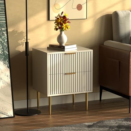 HYGRAD BUILT TO SURVIVE White Wooden 2 Drawer Chic Fluted Bedside End Sofa Table Nightstand For Living Bedroom Home With 4 Golden Legs HYGRAD BUILT TO SURVIVE