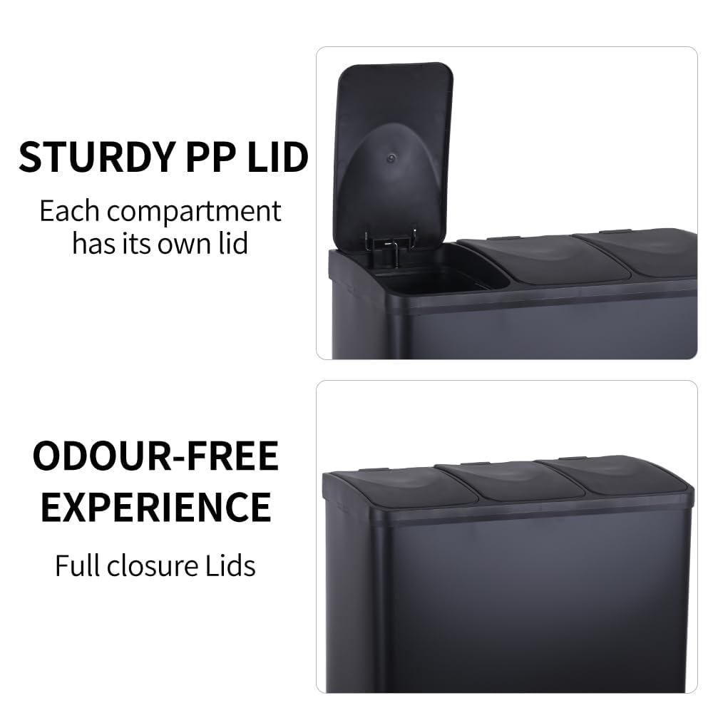 HYGRAD BUILT TO SURVIVE 3 Compartment Portable Floor Standing Metal/Plastic Pedal Recycle Trash Waste Bin Can In 45L 60L & 3 Colours With Stickers & Bin Liners (Black, 45L) HYGRAD BUILT TO SURVIVE
