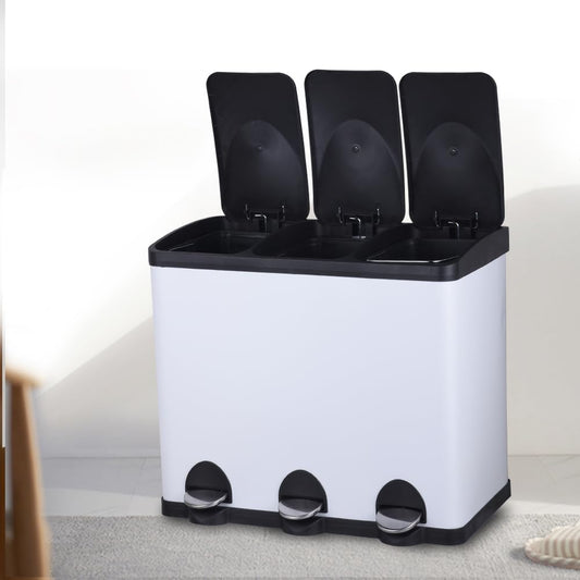 HYGRAD BUILT TO SURVIVE 3 Compartment Portable Floor Standing Metal/Plastic Pedal Recycle Trash Waste Bin Can In 45L 60L & 3 Colours With Stickers & Bin Liners (White, 60L) HYGRAD BUILT TO SURVIVE