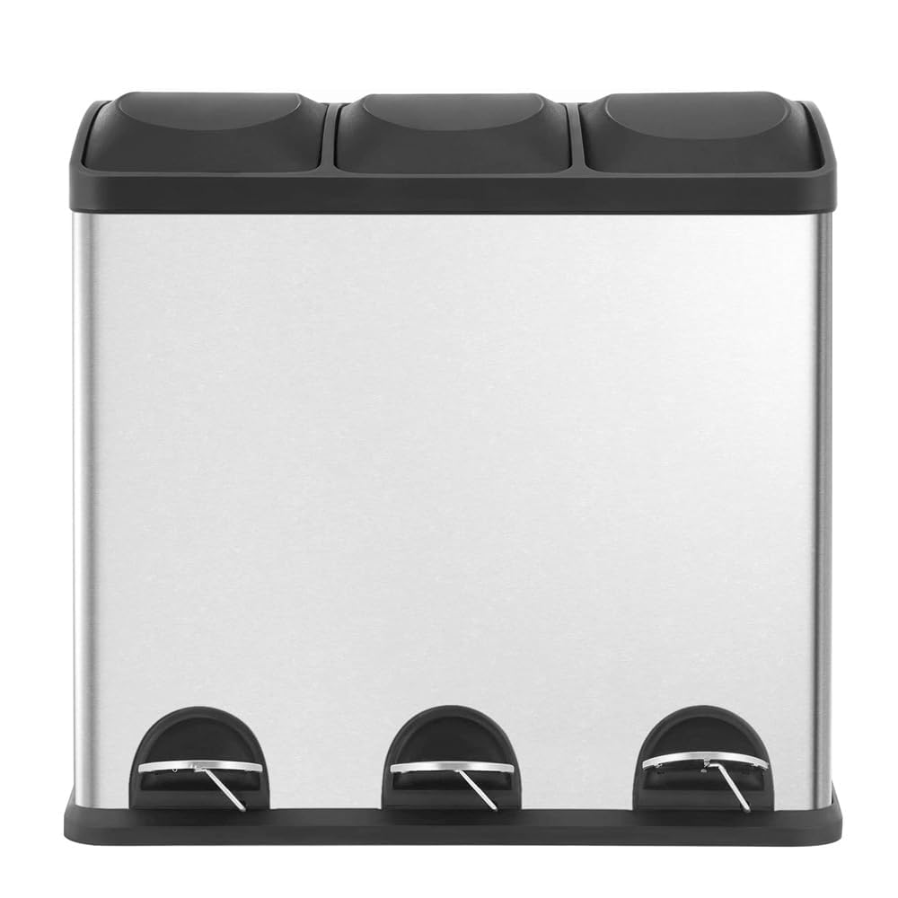 HYGRAD Kitchen Bin Recycling Bin For Kitchen Stainless Steel Triple Compartment Food Waste Bin Removable Inner Bins Kitchen Waste Compartment Bin (45L (3 x 15L Compartments)) HYGRAD BUILT TO SURVIVE