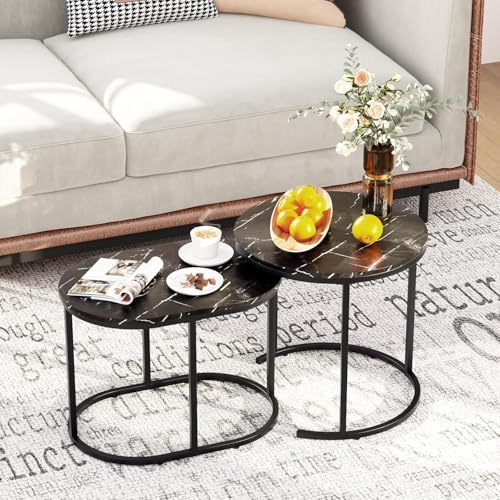 HYGRAD BUILT TO SURVIVE Set of 2 Marble/Metal Round Oval Nesting Side End Coffee Table White/Gold, White/Black, Black/Black & Black/Gold For Home Living Bed Room (Black/Black) HYGRAD BUILT TO SURVIVE