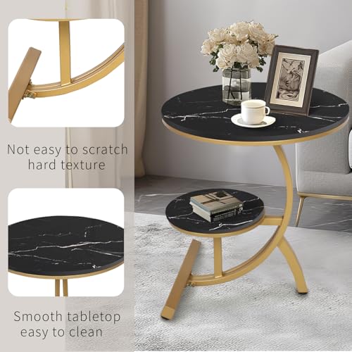 HYGRAD BUILT TO SURVIVE 2 Tier C Shaped Round Sintered Stone/Metal End Coffee Sofa Side Centre Table (Black/Gold) HYGRAD BUILT TO SURVIVE