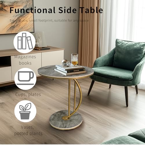 HYGRAD BUILT TO SURVIVE C Shaped Half Moon Round Sintered Stone Slab/Metal End Coffee Sofa Bed Side Centre Table With Metal Legs (Grey/Gold) HYGRAD BUILT TO SURVIVE