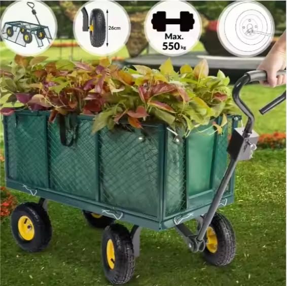 Heavy Duty Steel Garden Trolley On Wheels -Trailer 550kg Capacity, Large Folding Utility Wagon 180° Rotatable Handle, Removable Sides With Cart Liner For Camping, Beach Cart HYGRAD BUILT TO SURVIVE