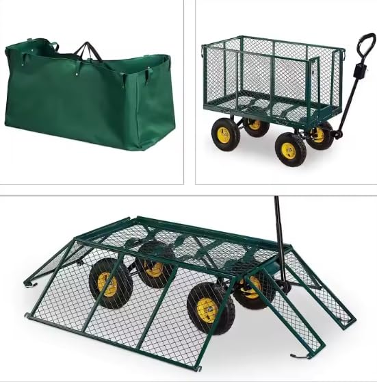 Heavy Duty Steel Garden Trolley On Wheels -Trailer 550kg Capacity, Large Folding Utility Wagon 180° Rotatable Handle, Removable Sides With Cart Liner For Camping, Beach Cart HYGRAD BUILT TO SURVIVE