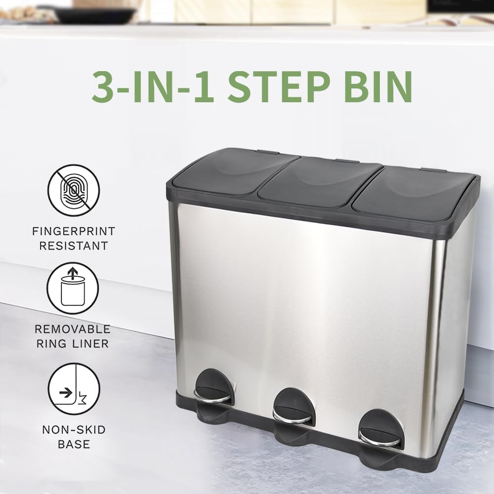 HYGRAD BUILT TO SURVIVE 3 Compartment Portable Floor Standing Metal/Plastic Pedal Recycle Trash Waste Bin Can In 45L 60L & 3 Colours With Stickers & Bin Liners (Silver, 60L) HYGRAD BUILT TO SURVIVE