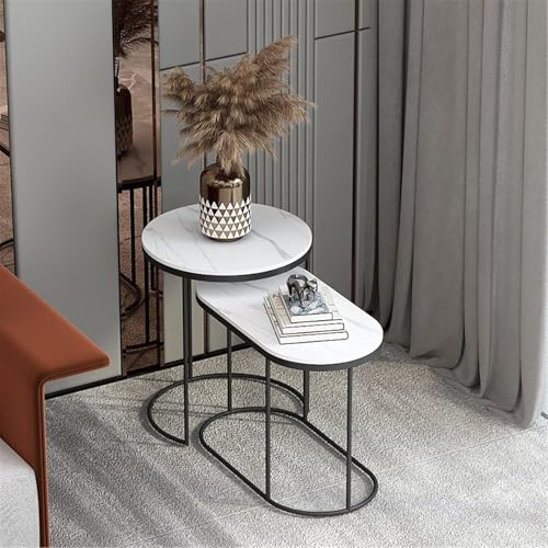 HYGRAD BUILT TO SURVIVE Set of 2 Marble/Metal Round Oval Nesting Side End Coffee Table White/Gold, White/Black, Black/Black & Black/Gold For Home Living Bed Room (White/Black) HYGRAD BUILT TO SURVIVE