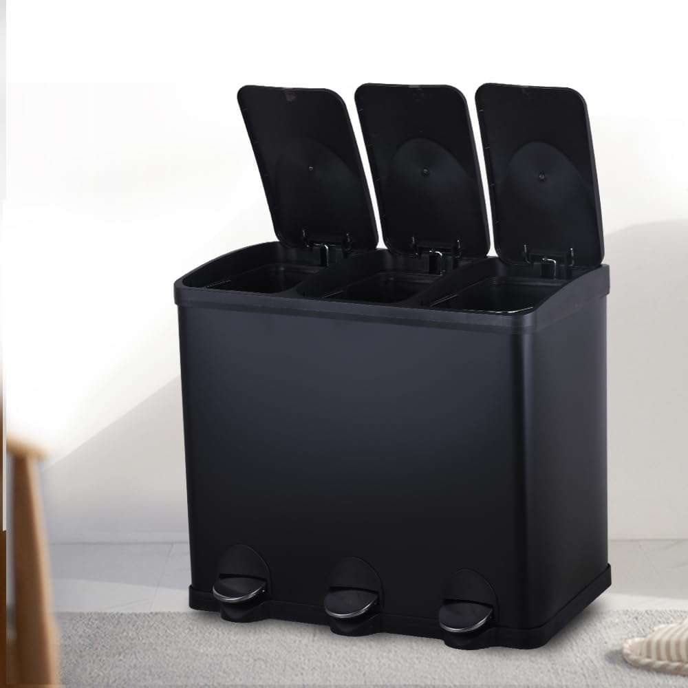 HYGRAD BUILT TO SURVIVE 3 Compartment Portable Floor Standing Metal/Plastic Pedal Recycle Trash Waste Bin Can In 45L 60L & 3 Colours With Stickers & Bin Liners (Black, 45L) HYGRAD BUILT TO SURVIVE