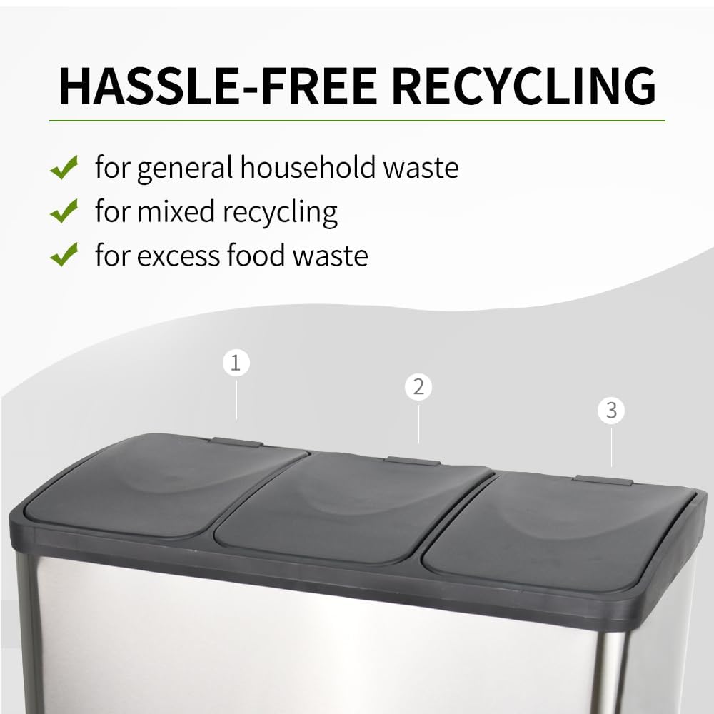 HYGRAD BUILT TO SURVIVE 3 Compartment Portable Floor Standing Metal/Plastic Pedal Recycle Trash Waste Bin Can In 45L 60L & 3 Colours With Stickers & Bin Liners (Silver, 60L) HYGRAD BUILT TO SURVIVE