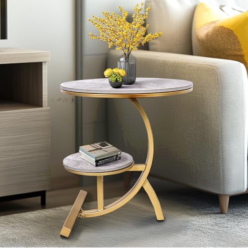 HYGRAD BUILT TO SURVIVE 2 Tier C Shaped Round Sintered Stone/Metal End Coffee Sofa Side Centre Table (Grey/Gold) HYGRAD BUILT TO SURVIVE