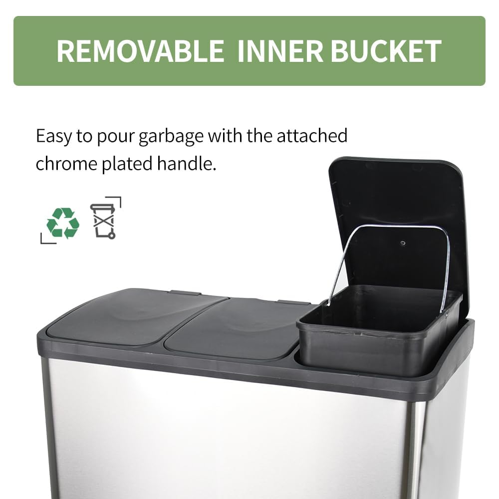 HYGRAD BUILT TO SURVIVE 3 Compartment Portable Floor Standing Metal/Plastic Pedal Recycle Trash Waste Bin Can In 45L 60L & 3 Colours With Stickers & Bin Liners (Silver, 60L) HYGRAD BUILT TO SURVIVE