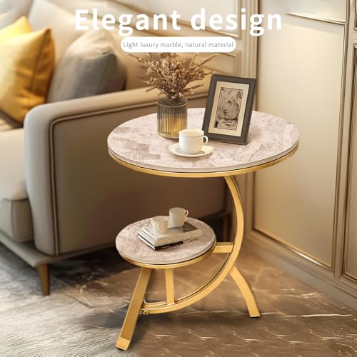 HYGRAD BUILT TO SURVIVE 2 Tier C Shaped Round Sintered Stone/Metal End Coffee Sofa Side Centre Table (Grey/Gold) HYGRAD BUILT TO SURVIVE