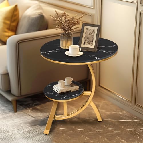 HYGRAD BUILT TO SURVIVE 2 Tier C Shaped Round Sintered Stone/Metal End Coffee Sofa Side Centre Table (Black/Gold) HYGRAD BUILT TO SURVIVE