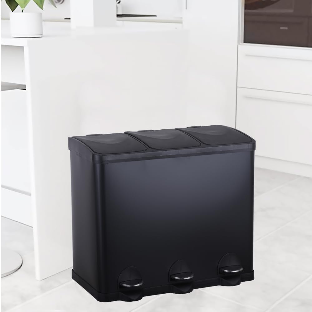 HYGRAD BUILT TO SURVIVE 3 Compartment Portable Floor Standing Metal/Plastic Pedal Recycle Trash Waste Bin Can In 45L 60L & 3 Colours With Stickers & Bin Liners (Black, 45L) HYGRAD BUILT TO SURVIVE