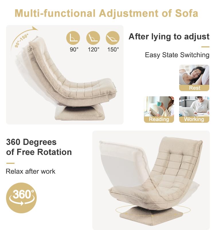 HYGRAD BUILT TO SURVIVE Swivel Armchair Chair, 5-Fold Adjustable Lazy High Lounge, Folding Swing Chair 360-Degree Rotatable With Adjustable Backrest, For Home & Living Room (Cream) HYGRAD BUILT TO SURVIVE