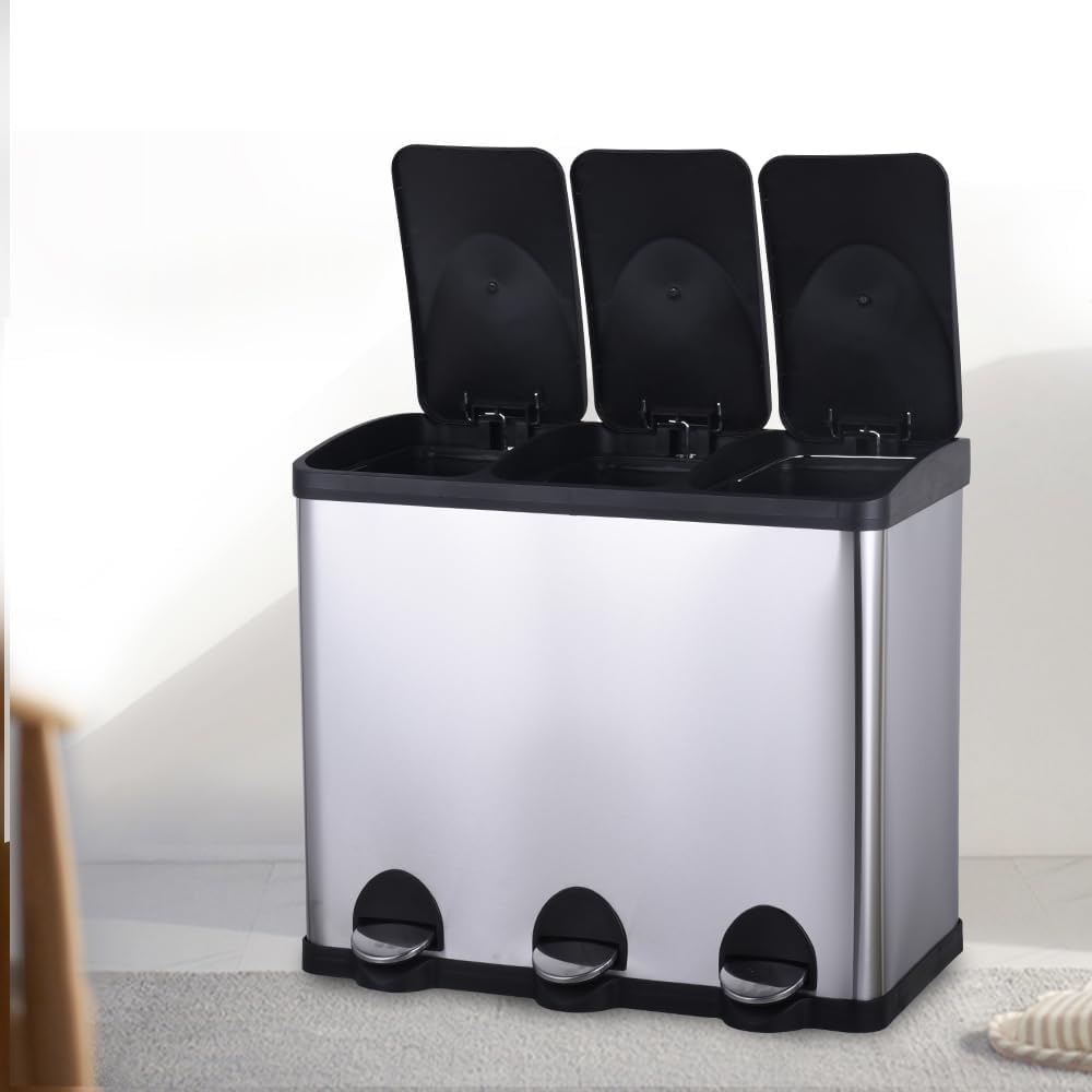 HYGRAD BUILT TO SURVIVE 3 Compartment Portable Floor Standing Metal/Plastic Pedal Recycle Trash Waste Bin Can In 45L 60L & 3 Colours With Stickers & Bin Liners (Silver, 60L) HYGRAD BUILT TO SURVIVE