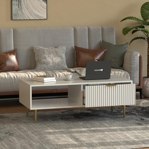 HYGRAD BUILT TO SURVIVE Free Standing White Wooden Fluted Chic Low Rise Coffee Centre Table Drawer Storage Home Living Room Furniture HYGRAD BUILT TO SURVIVE