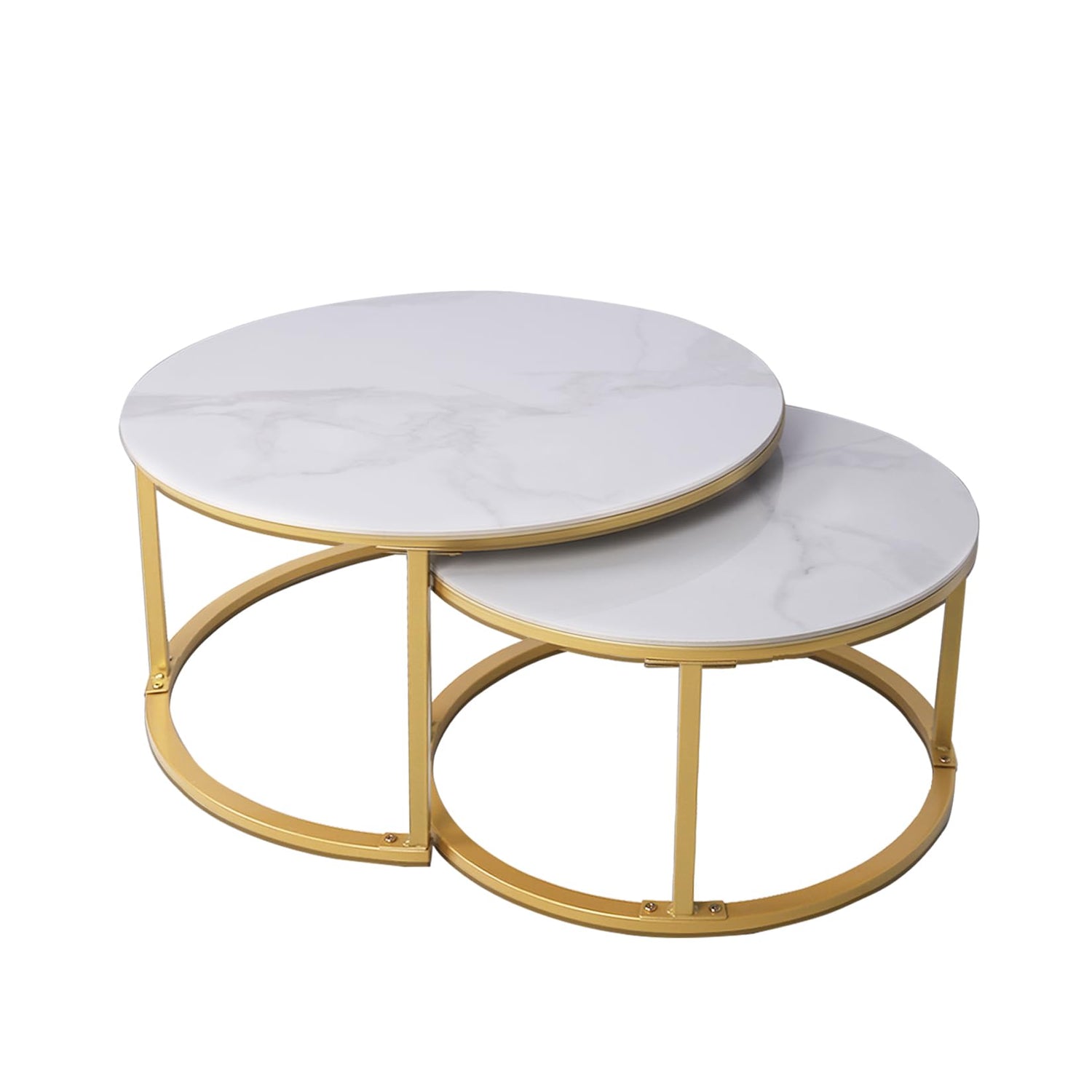 HYGRAD BUILT TO SURVIVE 2 x Round Sintered Stone With Metal Frame Marble Effect Nesting Coffee End Sofa Tables Home Living Room Furniture 70 x 70cm (White/Gold) HYGRAD BUILT TO SURVIVE