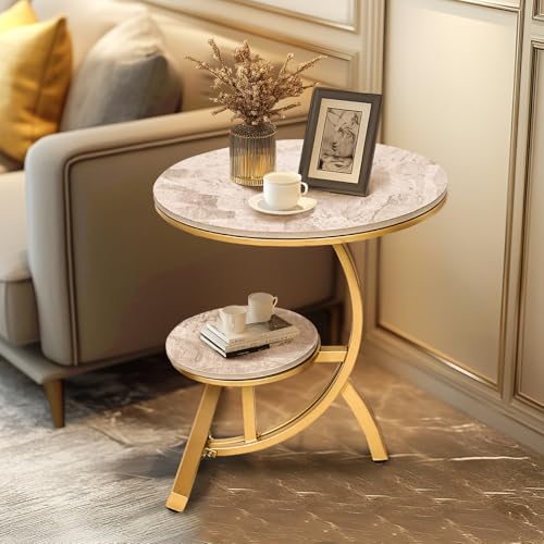 HYGRAD BUILT TO SURVIVE 2 Tier C Shaped Round Sintered Stone/Metal End Coffee Sofa Side Centre Table (Grey/Gold) HYGRAD BUILT TO SURVIVE