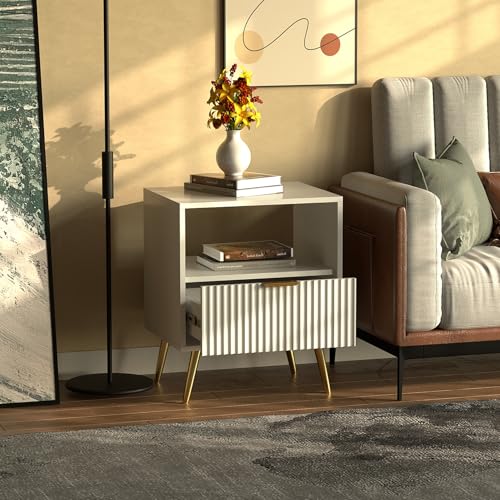 HYGRAD BUILT TO SURVIVE Free Standing White Wooden Chic Modern Bedside Sofa End Table Nightstand With Metal Golden Legs For Bedroom Living Room HYGRAD BUILT TO SURVIVE