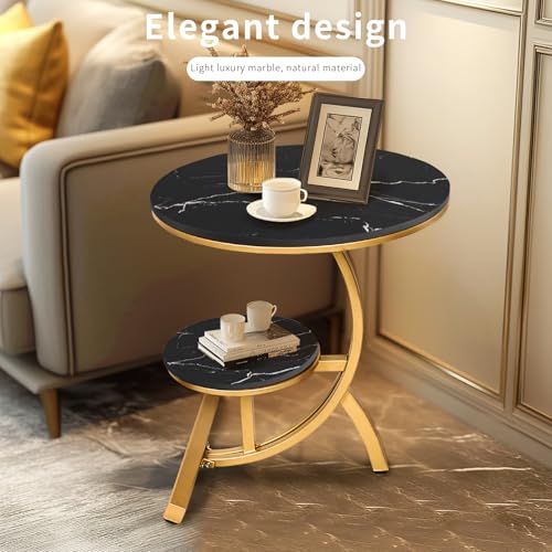 HYGRAD BUILT TO SURVIVE 2 Tier C Shaped Round Sintered Stone/Metal End Coffee Sofa Side Centre Table (Black/Gold) HYGRAD BUILT TO SURVIVE