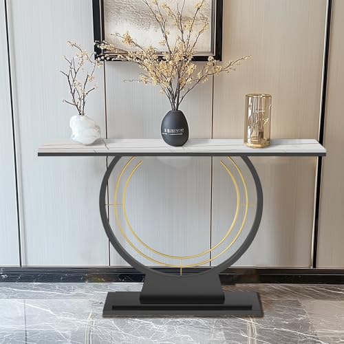 HYGRAD BUILT TO SURVIVE 120cm Wide Free Standing Narrow Slim Marble Effect Sintered Stone Metal Half Moon Base Console Sofa End Table Hallway Furniture (White/Black) HYGRAD BUILT TO SURVIVE